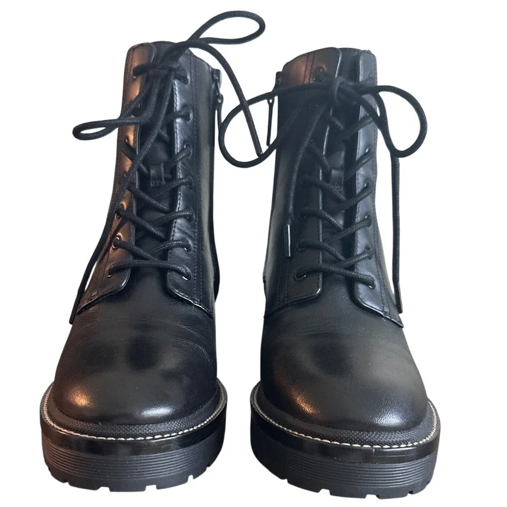 Tory Burch Miller 50mm Black Leather Lug Sole Combat Boots Size 8
